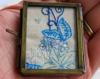 Hand embroidered floral miniature framed picture - Uk seller