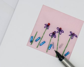 hand embroidered floral greeting card - Uk seller