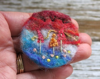 Floral embroidery & needle felted brooch - Uk seller