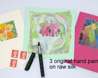 set of 3 silk painted cards for any occasion - UK seller