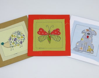 set of 3 stitched Applique greeting cards - UK seller