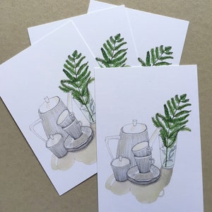 4 x die Postkarte "Service mit Farn" Grußkarte, Kaffee-Service, Farn