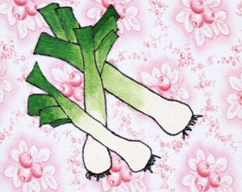 4 pieces of the postcard "The versatility of leeks is often misunderstood" Digital print of an acrylic drawing on fabric