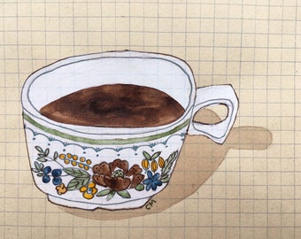 original drawing of a cup, signed, on vintage-paper, coffee, tea, fineliner, watercolor, acryl