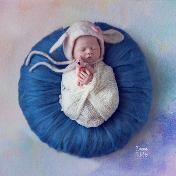 Newborn White with colourful tiny spots Bunny Bonnet, Felted Hat with pink bow , Photography Photo Prop, uk free shipping