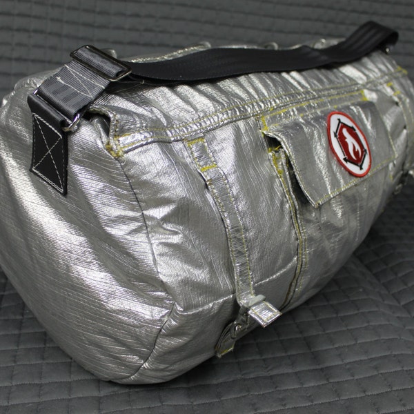 duffle bag made from recycled proximity firefighter gear