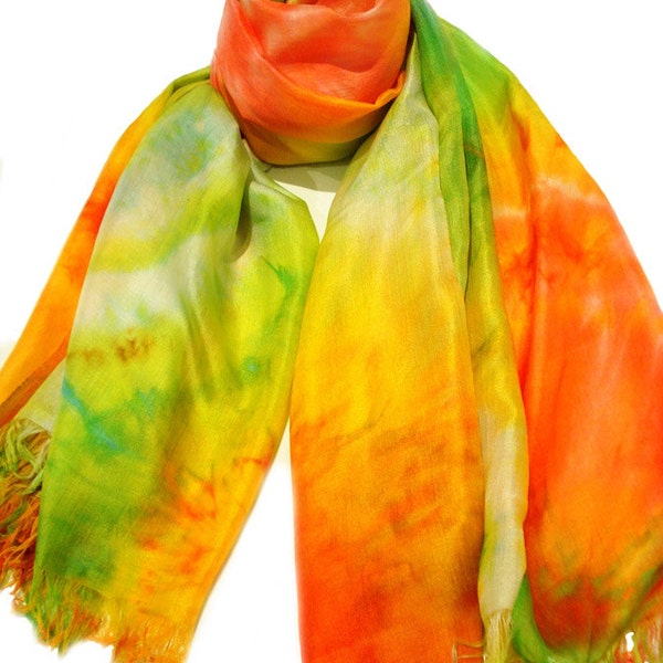 SALE - 50% OFF. Silk Scarf, Sarong, Shawl, Wrap. Bright orange, green colors. 37.4x72.8 inches. Free delivery