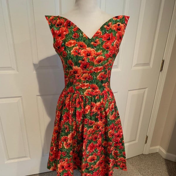 vintage Bernie Dexter rouge coquelicot floral style années 50 robe d'été taille M