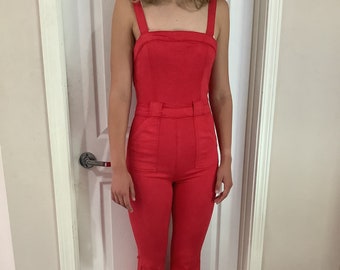 Vintage 70s Red Jumpsuit one piece sexy bell bottom overall boho festival jumpsuit sz XS-S