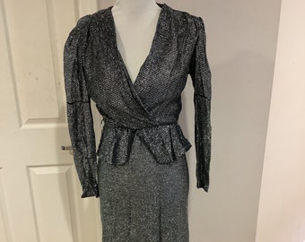 Vintage 70s 80’s Silver Disco Peplum Metallic Studio 54 dress deep plunge dress sz small sz Med