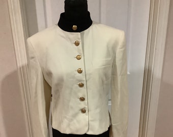 Vintage 80s 90s Lauren Ralph Lauren Bone cream Navy blue military gold crest cropped designer jacket sz 8