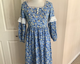 Vintage Gunne Sax like blue yellow floral pattern lace collar high waist billowy sleeve Maxi dress small