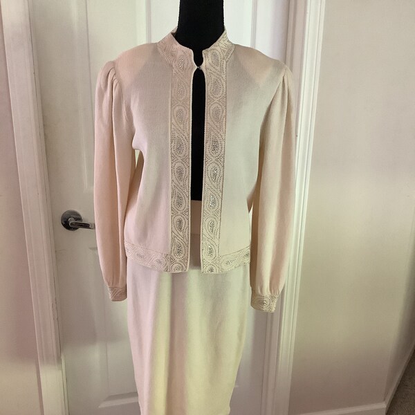 Vintage St John Bone Cream 70s Bling high collar Dazzle Knit suit 80s size 8