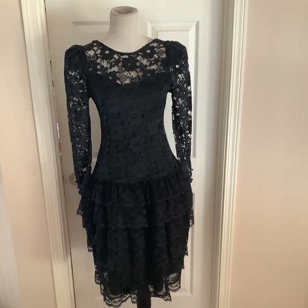 Vintage 80’s Cachet by Bari Protas black lace dropped waistline ruffle dress with see thru neckline & sleeves sz M-L