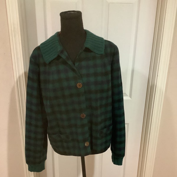 Vintage 50s 1950s Pendleton Green blue plaid 49er jacket with collar sz M-L