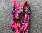 Vintage 1980 39 s Bright Neon High thigh Floral sexy Maxine of Hollywood One piece Swimsuit sz M-L