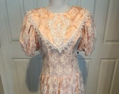 Vintage 1980 39 s Gunne Sax Pink Peach Lace Victorian Prairie puff sleeve party dress Deep V back Boho Size M-L
