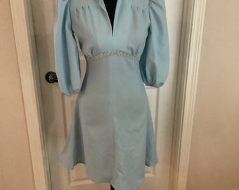 Vintage 60s 70s Baby blue puff sleeve deep v plunge neck & high waist Scooter dress sz Xs-S