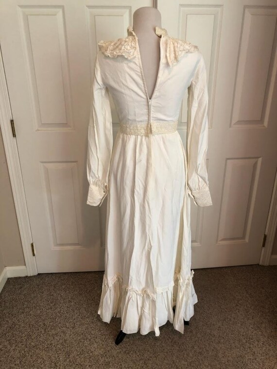 1970s vintage crochet maxi dress, white cotton open knit bridal wedding dress, Victorian style gown