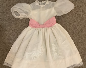 Vintage 80s Dorissa International Cream huge puff sleeve lace appliqués with huge pink sash bow Toddler girls Nicole dress sz 6