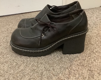 Vintage 90s Lower East Side Mega Platform loafer tie Y2K chunky heel shoes sz 9-9.5