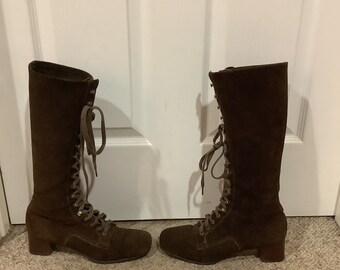 Vintage 70s Brown lace up suede tall granny boho prairie Hippie Festival Woodstock boots sz 9