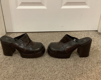 Vintage 90s Xhilaration plataforma patchwork marrón Y2K Tacón grueso Mules boho zapatos sz 8-9