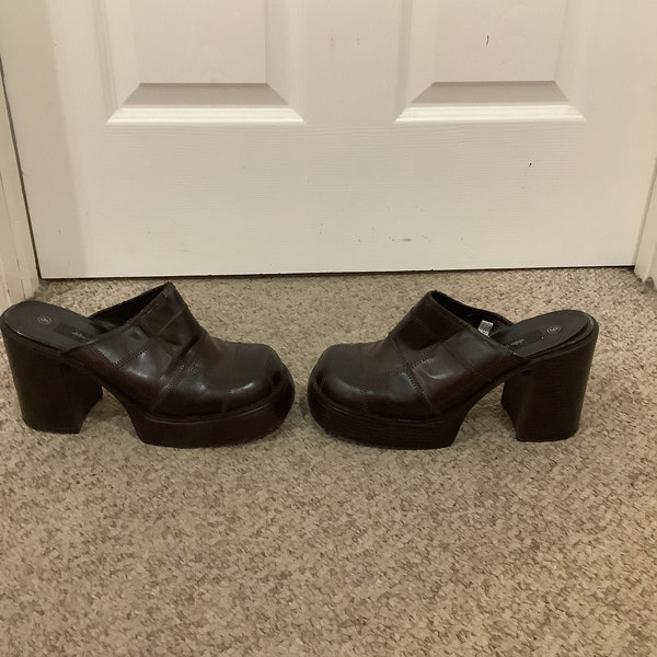 Vintage 90s Xhilaration brown patchwork platform Y2K Chunky heel Mules boho shoes sz 8-9