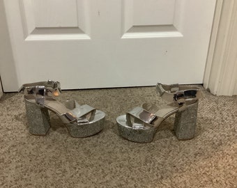 silver sparkly platform heels