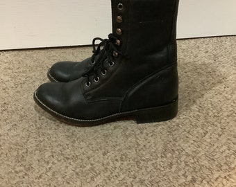 Vintage Durango cuero negro encaje hasta abuela roper botas occidentales sz 7