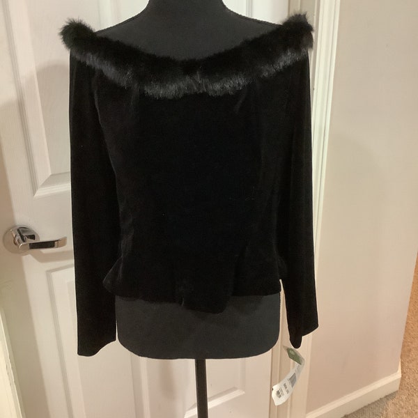 Vtg 90s Y2K Alex Nights off shoulder corset like fitted faux fur trim off the shoulder evening top sz L