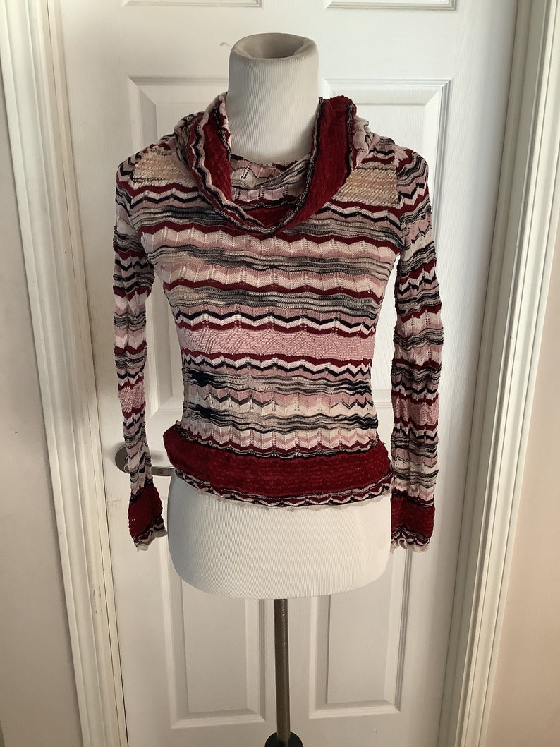 Vintage Missoni Burgundy Rose & Black Zig Zag turtleneck sweater 80s 90s size small image 1