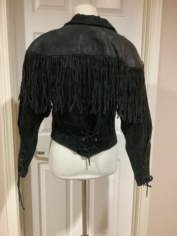 Vintage 80s Black leather Suede Cropped Fringe we… - image 2