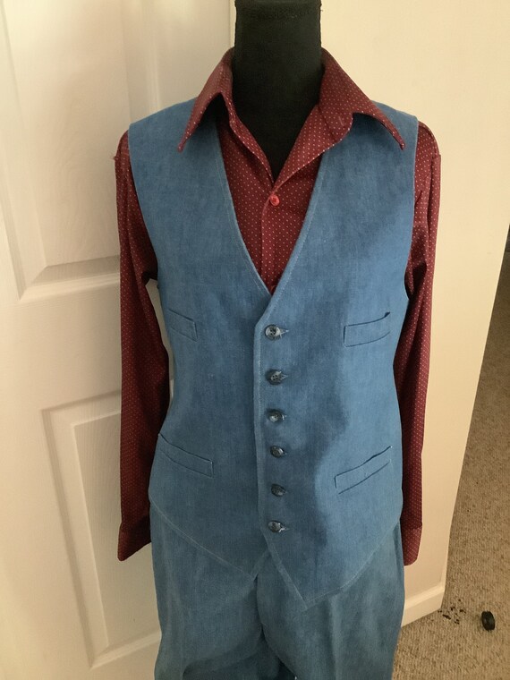 Vintage 70s Haggar Blue Denim Like 3 Pc Vest Jacket N Bell Bottom Disco Pants Etsy Canada