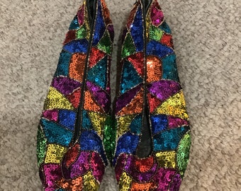 Vtg 90s Caparros multi color Colorblock sequin flat loafer bling shoes sz 9