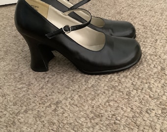 Vintage 90s Y2K No listado negro Mary Jane correa de tobillo zapatos de tacón grueso 6-6.5
