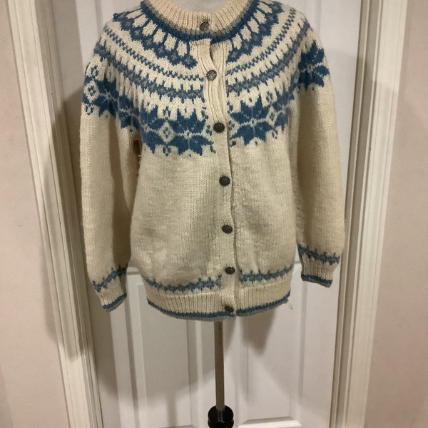 Vintage 80s 90s Dale of Norway Wool baby blue n beige Fair Isle knitted button up cardigan Ski Norweigan sweater size small