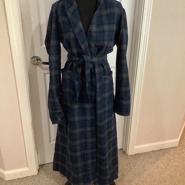 Vintage 80s Pendleton Navy blue green black plaid wool long robe sz Small