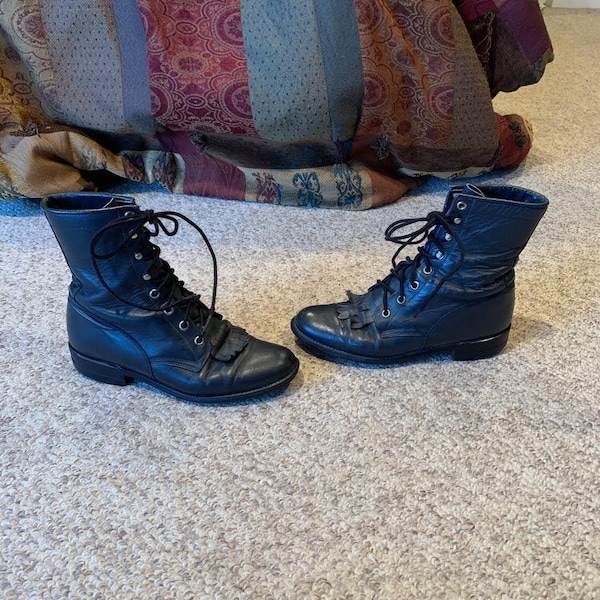 Vintage Justin Schieferblau Kiltie Western Lace up Grandma Roper Rodeo Queen Boots Größe 5-6.5