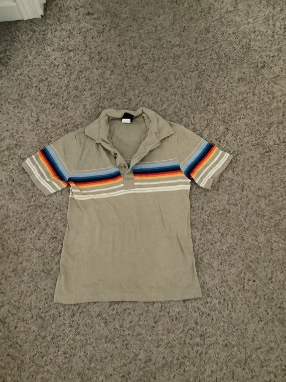 Vintage JC Penny tan striped polo shirt with wood… - image 2