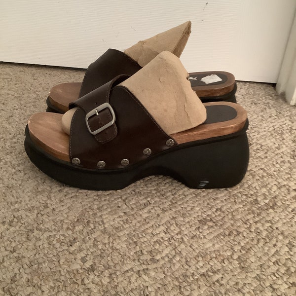 Vintage Mia brown black platform slid leather chunky heel studded sandals 10