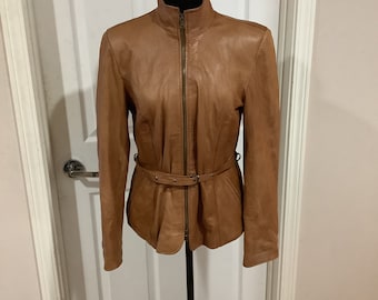 Vintage Dallas Leather Tan Chestnut fitted zip up belted jacket sz M