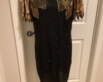 Vintage Stenay  black gold bronze sequin gold feather like sleeves 80s 90s bling padded shoulder cut out drop back sz L-XL