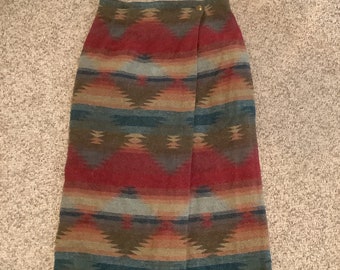 Vintage 90s EXP Jeans International Red Tan Aztec ethnic Indian Western Cowboy blanket skirt sz M