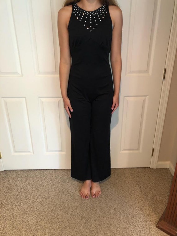 Vintage Black bell bottom Jumpsuit/70s Disco Jewel