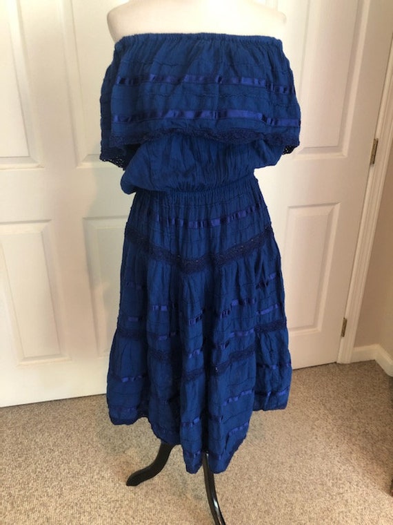 Vintage Mexican Spanish Royal Blue Gauze Crochet H