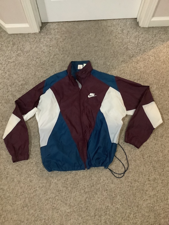 Vintage 80s Nike Teal Burgundy White Colorblock Embroidered White Logo Hooded Windbreaker Red Gray Tag Jacket Sz L