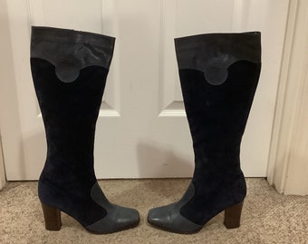 Vintage Amalfi blue suede tall boho leather lined wood stacked heel designer boots sz 6-7