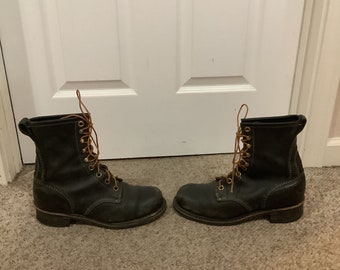 Bottes de travail à talons en néoprène vintage en cuir marron vieilli fabriquées aux États-Unis, taille 10 EE