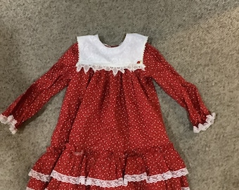 Vintage jaren '80 Bryan Red calicoprint kanten ruche Prairie Kanten kraag jurk sz 2T 3 T